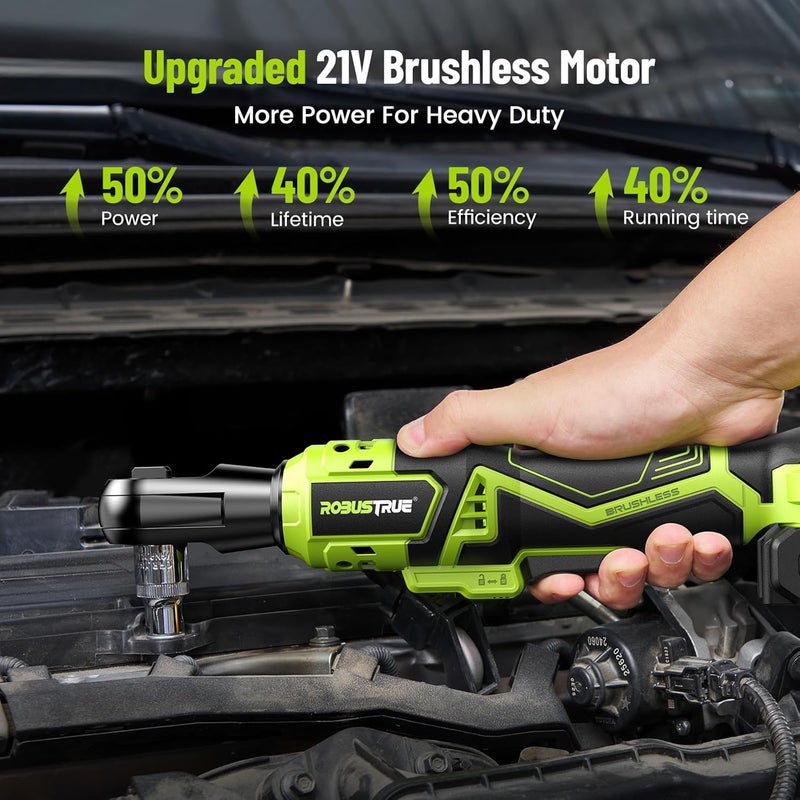 Robustrue 1/2" Electric Ratchet Wrench: 66Ft-lbs/400 RPM Variable Speed Cordless Power Ratchet Kit with 2x2000mAh Li-Ion Batteries, 8 Sockets, 1/4" and 3/8" Adapters, 3" Extension Bar for Auto Repair - Image 4